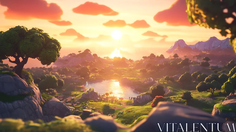 Golden sunset welcomes a tranquil stylized valley and lake