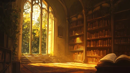 Golden backlit gothic library interior with volumetric sunlight