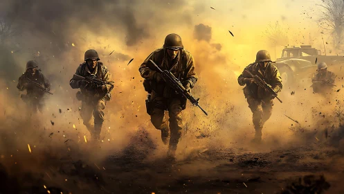 Infantry unit advancing through dense battlefield smoke.