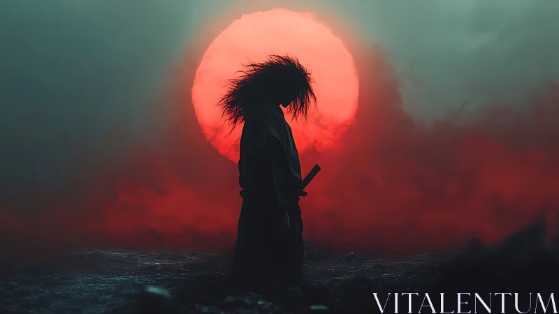 Silhouetted figure stands before red backlit circular sun