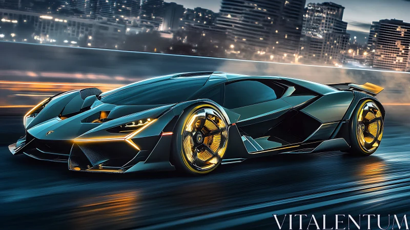 Cyberpunk hypercar render with neon rim highlights at speed.