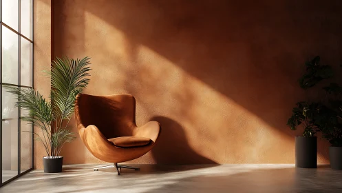 Orange lounge chair in sunlit corner with indoor plants.