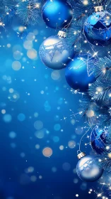 Sparkling blue Christmas baubles on glowing pine boughs.