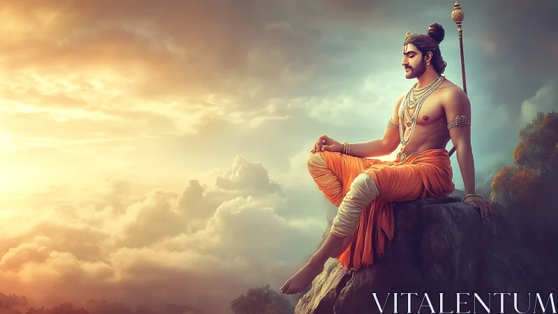 Seated robed figure on cliff above clouds at sunrise.