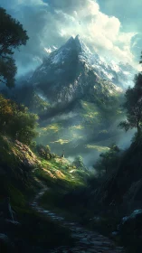 Glacial peak over sunlit valley with winding forest path