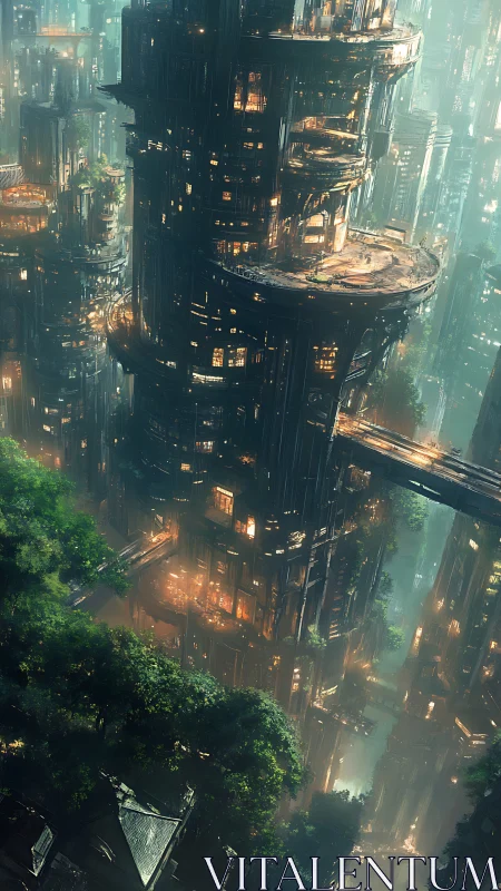 Vertical eco-city glows with skybridges and hanging gardens.