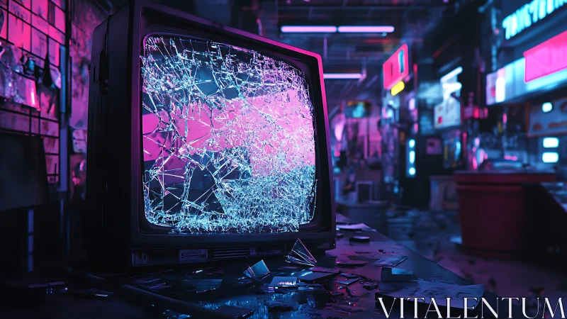 Shattered neon television glowing in a moody cyberpunk alley.