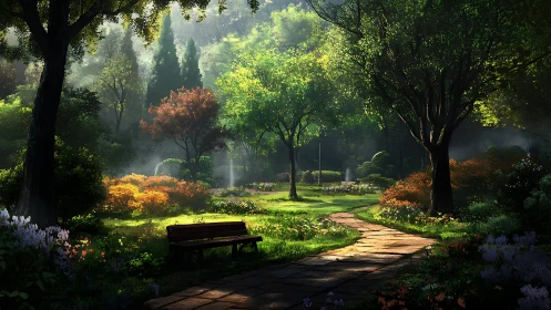 Sunlit park path and bench in lush flowering garden scene.