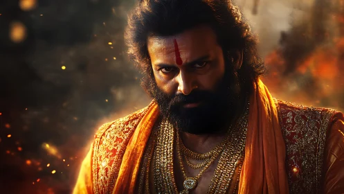 Intense warrior portrait in ember-lit cinematic close-up