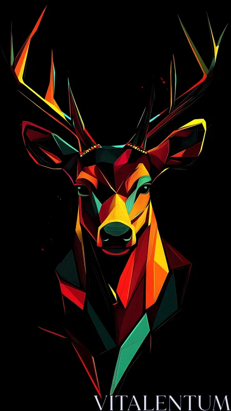 Geometric stag portrait glows in neon facets against black