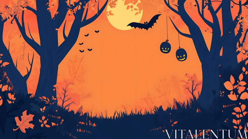 Gentle Halloween twilight with playful pumpkins and bats.