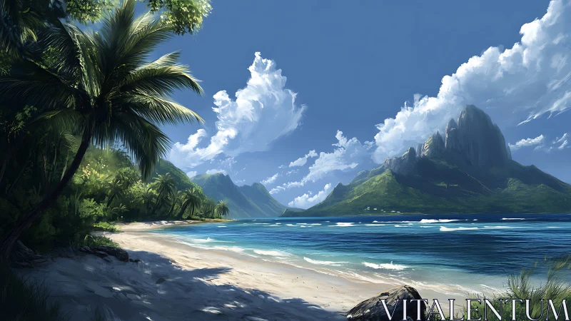 Tropical coastal landscape with volcanic peaks and turquoise water.