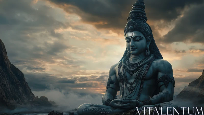 Monumental Shiva sculpture in mist-laden mountain valley panorama.