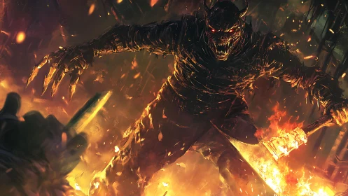 Infernal blade-wielding demon lunges through pyroclastic melee.