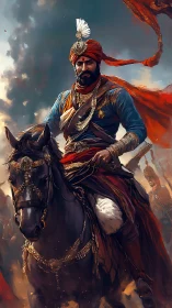 Warrior king on armored horse leads charge through smoke