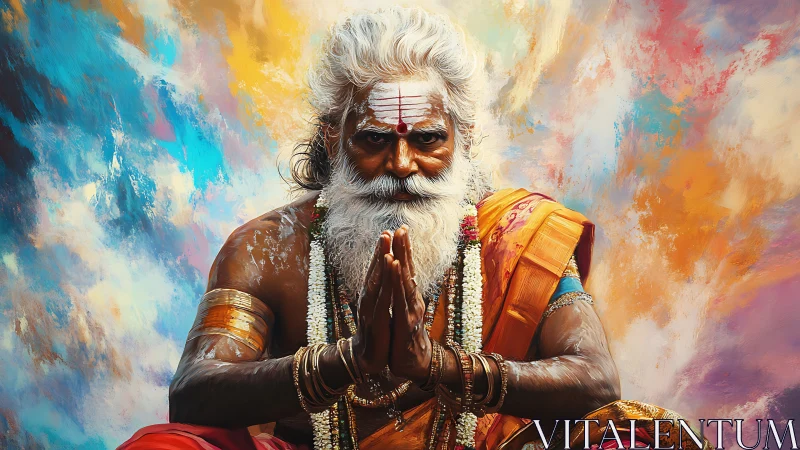 Serene elder in prayer before swirling painted skies.