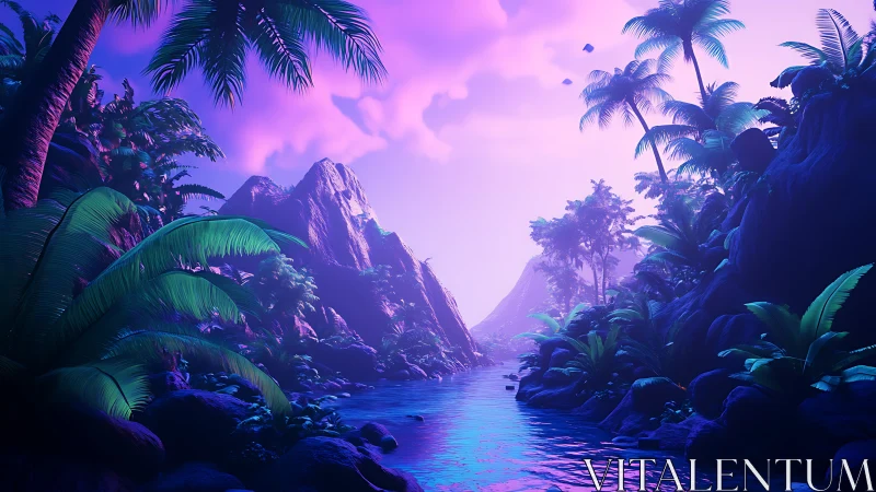 Luminescent canyon landscape beneath violet sky.