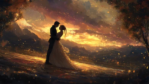 Couple's Silhouette Glowing in Golden Sunset Landscape