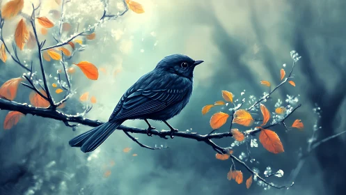 Blue songbird perched on autumn branch, dreamy digital painting.