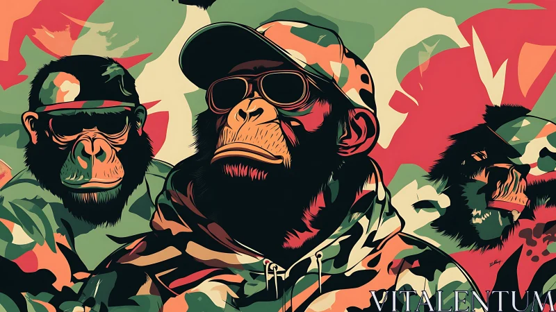 Camouflage streetwear apes in bold graphic illustration.
