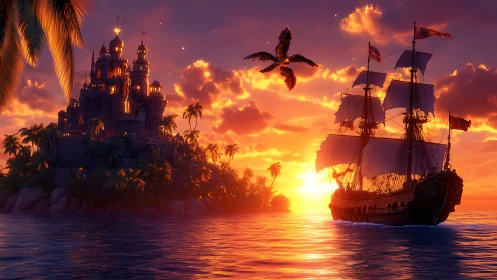 Medieval castle and pirate ship at golden sunset