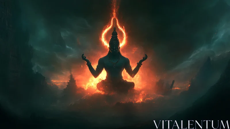 Fiery meditative deity silhouette in stormy cosmic void.