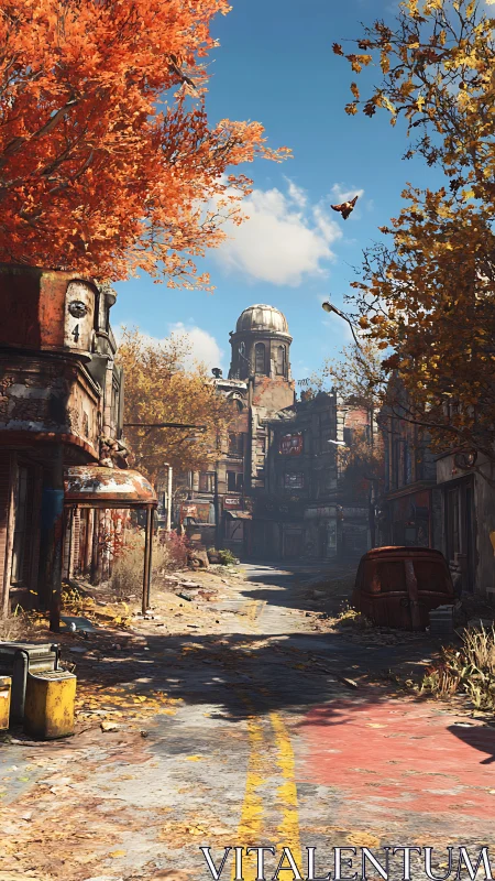Post-war autumn street with decayed storefronts and domed tower