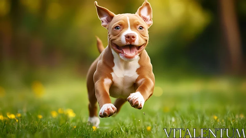Joyful brown puppy sprints through sunlit spring meadow