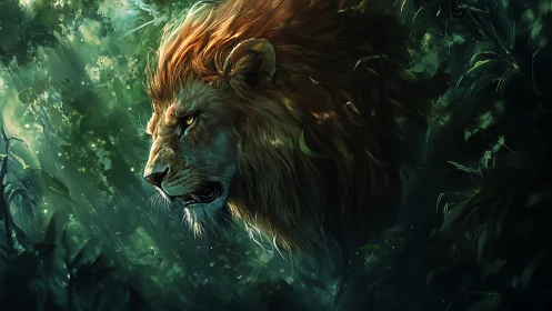 Lion profile in dense green forest with diffused light.