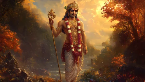 Divine warrior stands in glowing river forest at sunset.