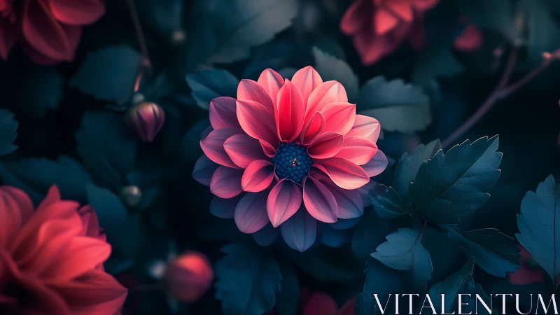 Vibrant Dahlia Blooms in Moody Blue Light.