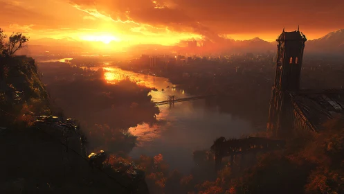 Sunset illuminates river valley and distant urban skyline