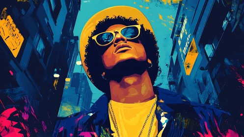 Stylized portrait of person in city street perspective.