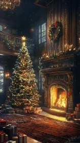 Grand manor Christmas glow around tree, gifts and hearth.
