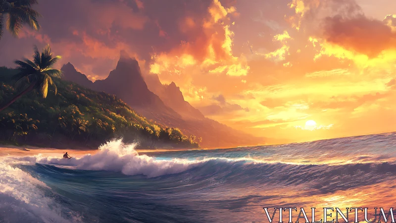 Luminous tropical surfscape with volcanic ridge at sunset.