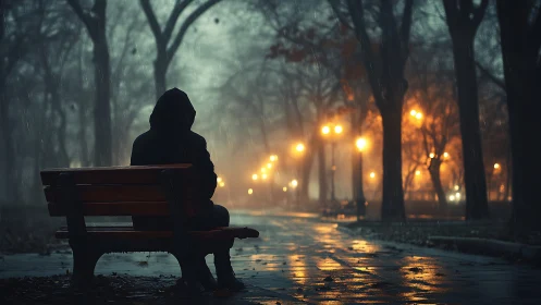 Solitary hooded figure on wet bench in misty night park.
