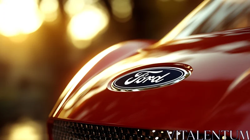 Ford emblem crowns glossy red hood in sunset glow.