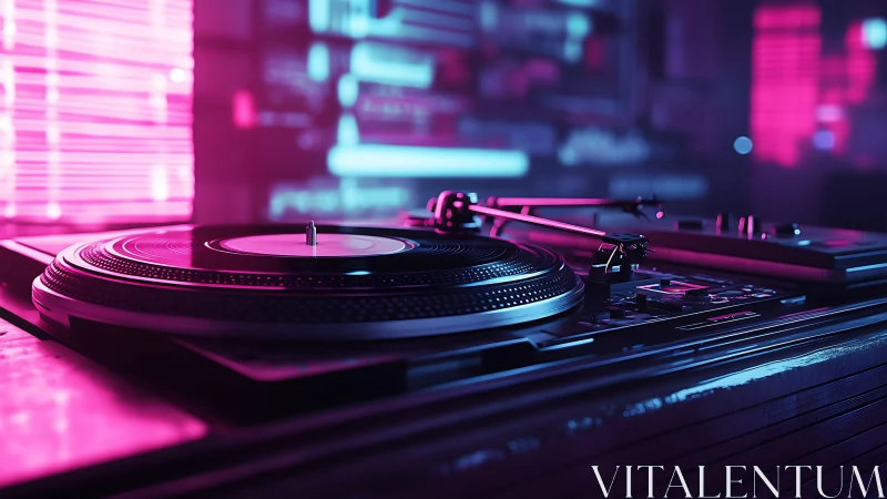 DJ turntable glows in neon nightlife with retro club energy