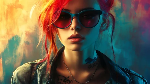 Portrait of woman with red hair, sunglasses, and tattoos.