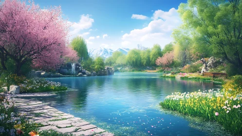 Spring-laden lake drifts toward distant, cloud-kissed peaks