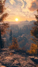 Sunlit autumn valley with misty forested ridges at dusk.
