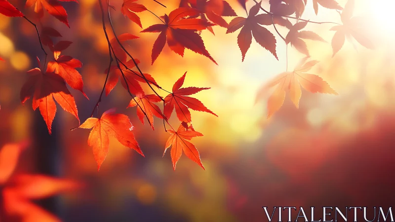 Golden light gently warms vivid red autumn maple leaves