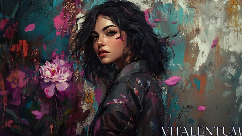 Bruised dreamer amid wild petals and storm-swept color fields.