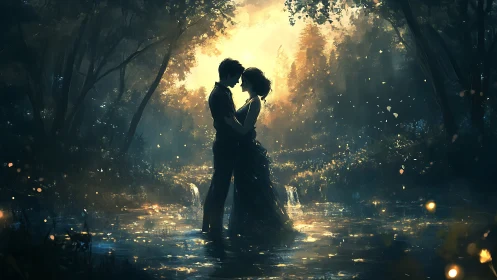 Luminous Waltz: Two Souls Dance Through Enchanted Golden Mist