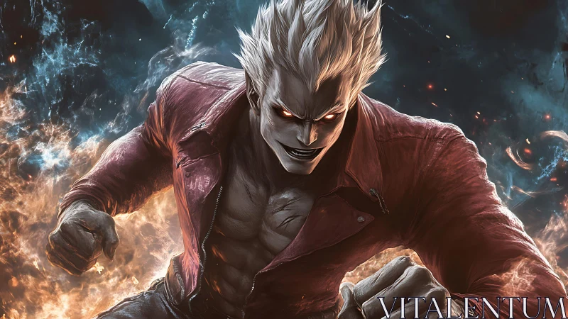 Flaming antihero lunges forward through stormlit embers