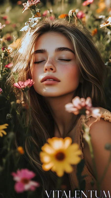 Sunlit shallow‑focus portrait in dense wildflower foreground.