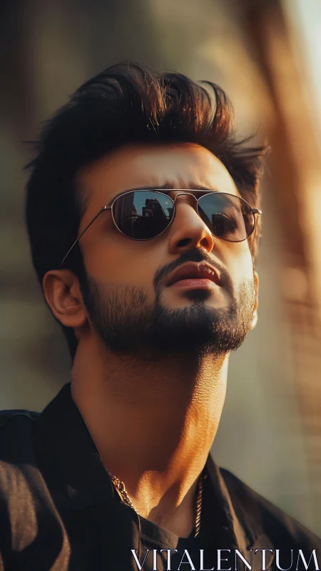 Man with sunglasses looks upward in warm directional light