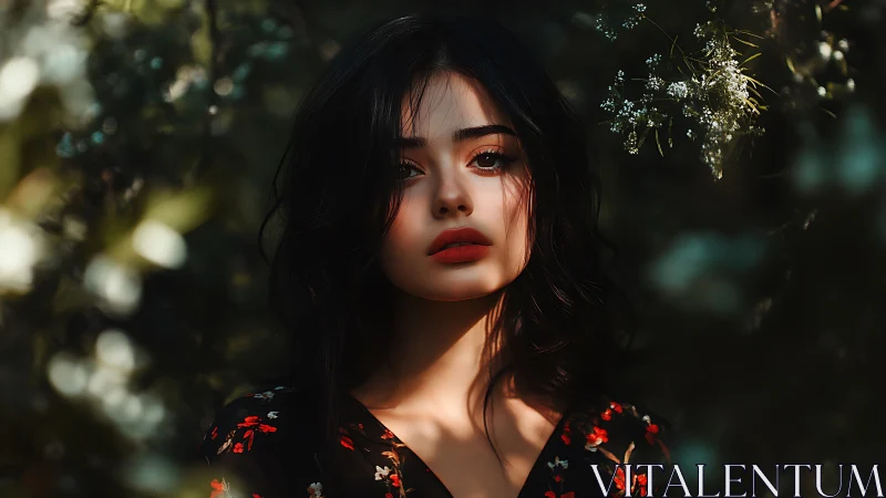 Soft sunlight on a quiet girl in a daydreaming garden.