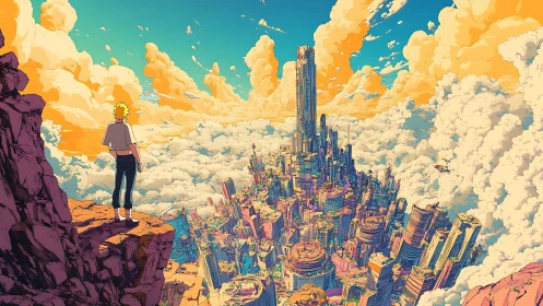 Solitary dreamer overlooks a neon sky city above the clouds