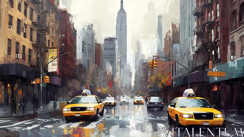 Yellow cabs streak through rainy Manhattan street canyon.